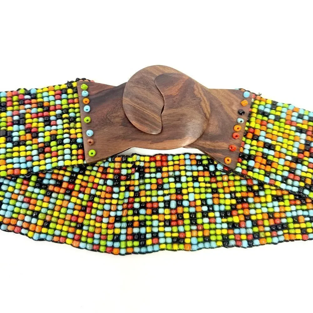 Colorful Seed Bead Wood Clasp Buckle Boho Festival Ethnic Tribal Stretch Belt